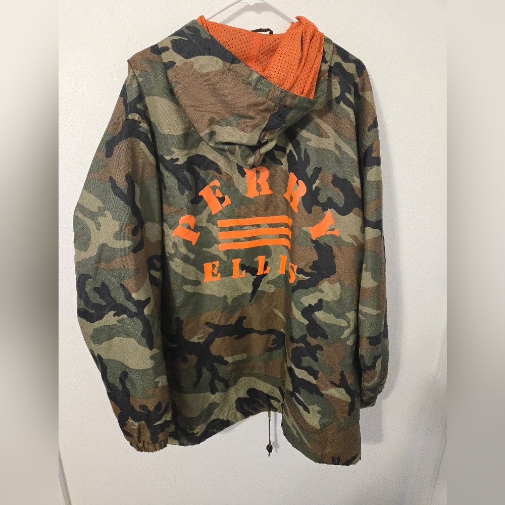 Vintage PERRY ELLIS America Camo Orange Hooded Windbreaker Mens XL LOGO y2k